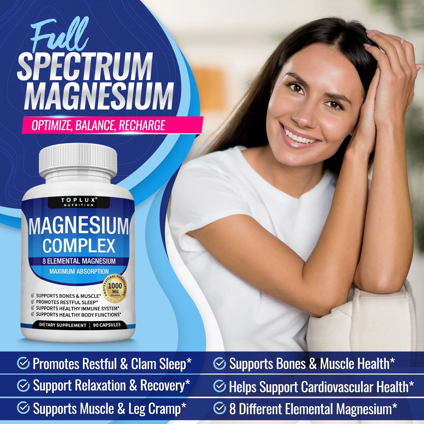 Complejo de magnesio - Suplemento de 8 magnesios esenciales, 1000 mg, 90 cápsulas