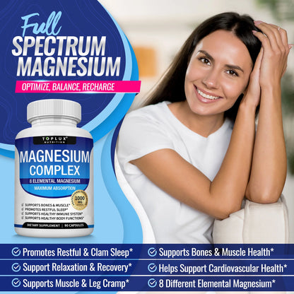 Complejo de magnesio - Suplemento de 8 magnesios esenciales, 1000 mg, 90 cápsulas