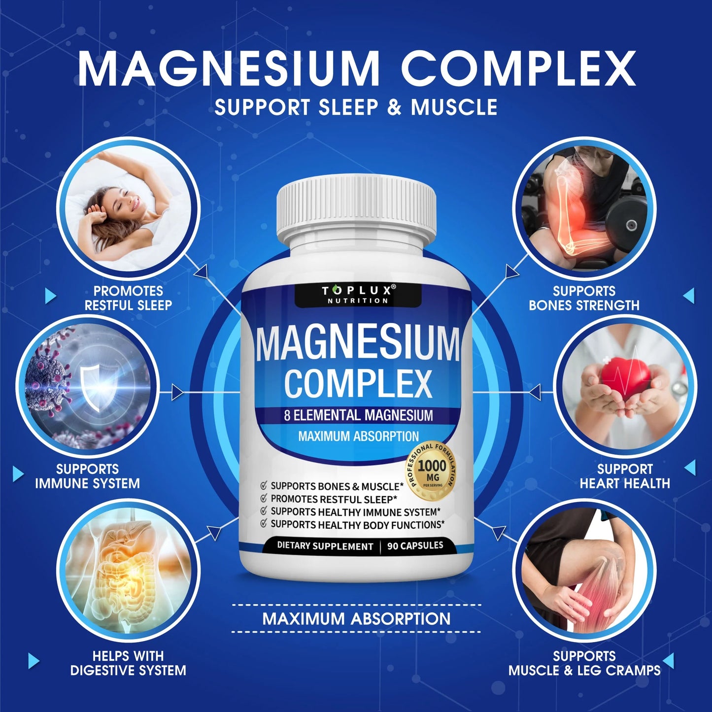 Complejo de magnesio - Suplemento de 8 magnesios esenciales, 1000 mg, 90 cápsulas