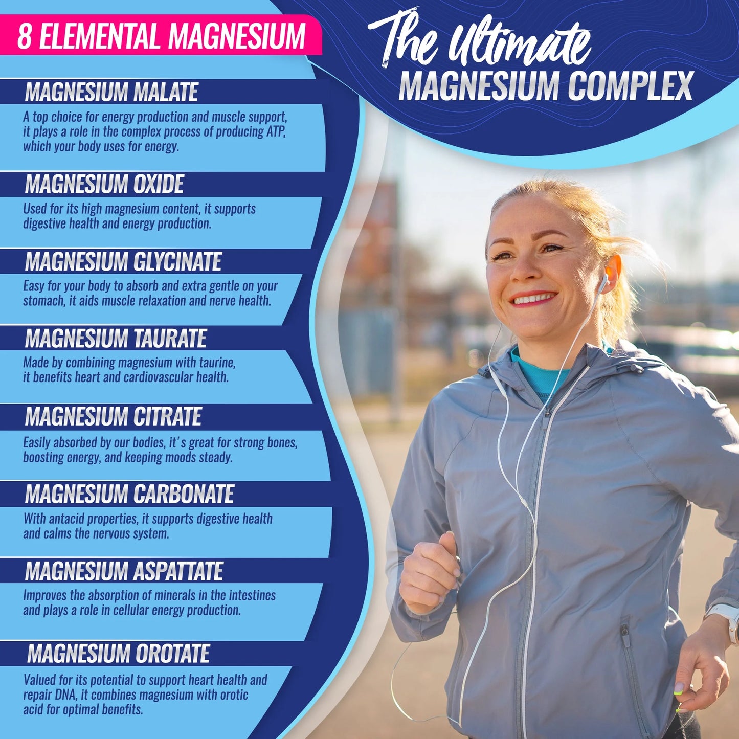 Complejo de magnesio - Suplemento de 8 magnesios esenciales, 1000 mg, 90 cápsulas
