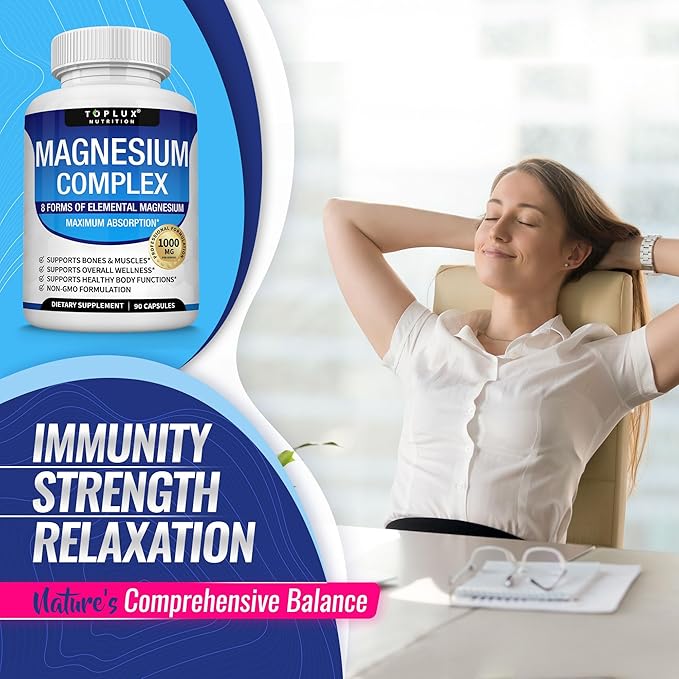 Complejo de magnesio - Suplemento de 8 magnesios esenciales, 1000 mg, 90 cápsulas