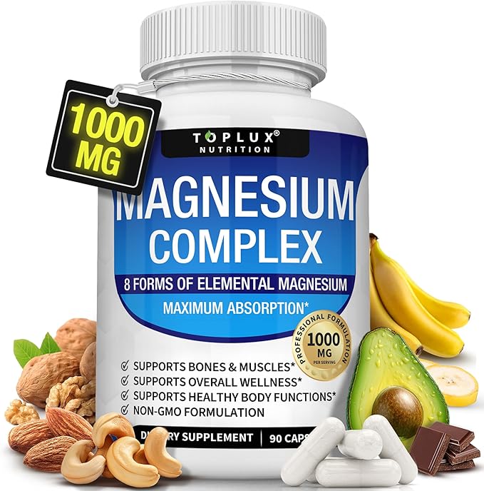 Complejo de magnesio - Suplemento de 8 magnesios esenciales, 1000 mg, 90 cápsulas
