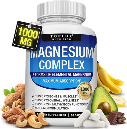 Complejo de magnesio - Suplemento de 8 magnesios esenciales, 1000 mg, 90 cápsulas