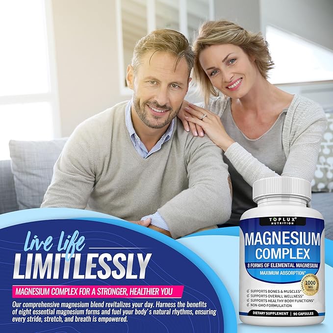 Complejo de magnesio - Suplemento de 8 magnesios esenciales, 1000 mg, 90 cápsulas
