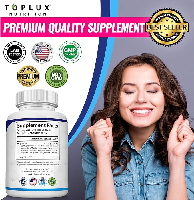 Complejo de magnesio - Suplemento de 8 magnesios esenciales, 1000 mg, 90 cápsulas